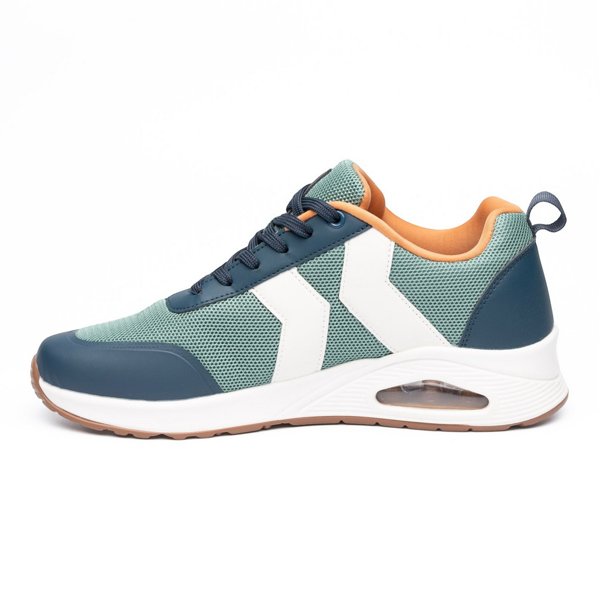 Zapatilla Due Shoes Roma II azul y verde con malla transpirable, suela con cápsula de aire y diseño ergonómico.