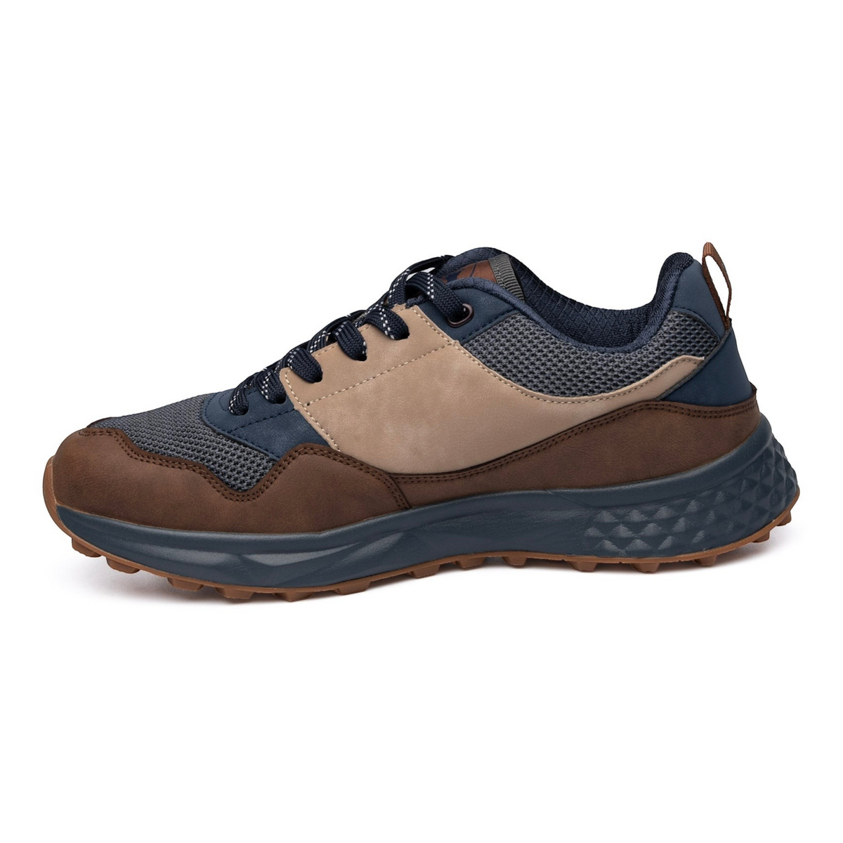 Zapatilla Due Shoes Dolomiti II en tonos marrón y azul, con malla transpirable, amortiguación y suela flexible.